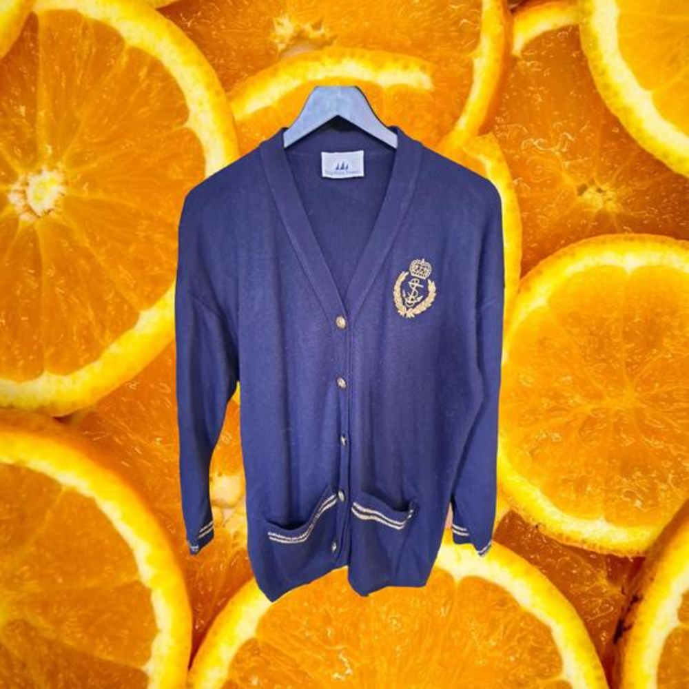 Vintage Bay Points Threads V Neck Button Down Front Pocket Blue/Gold Sweater